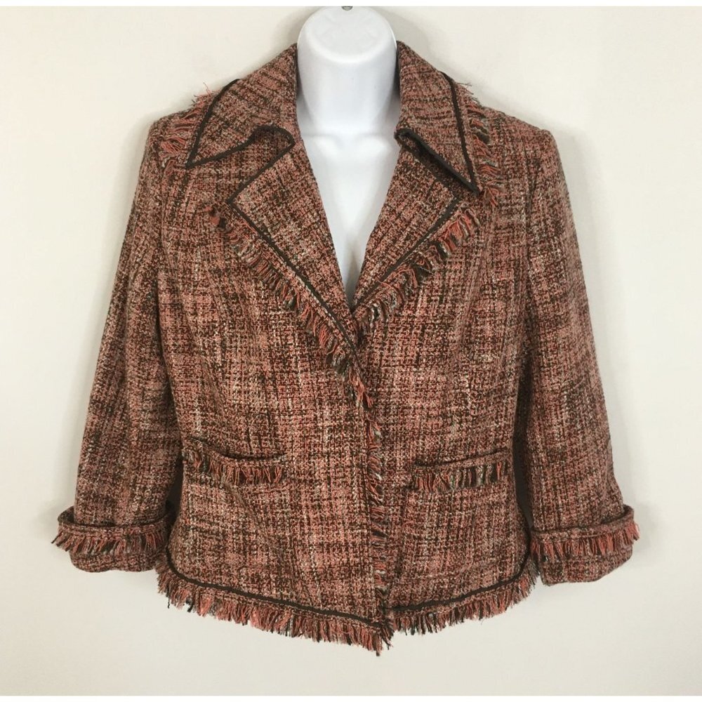 Tweed Fringe Career Blazer Womens 8 Brown Orange Office 3/4 Sleeve Snap Front